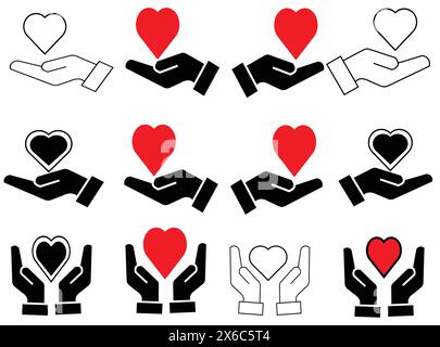 Set di icone cuore nella mano, assistenza sanitaria, donazione e donazione concetto di aiuto, mani che tengono il cuore insieme icone Illustrazione Vettoriale