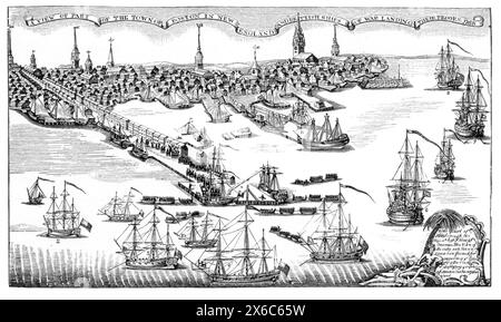 Lo sbarco delle truppe britanniche a Boston nel 1768, a seguito dell'imposizione da parte del Regno Unito dei Townshend Acts, e la decisione del popolo di smettere di importare merci dalla Gran Bretagna. Illustrazione in bianco e nero. Foto Stock