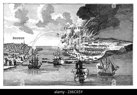 Attacco a Bunker Hill e all'incendio di Charlestown, durante la guerra di indipendenza americana, il 17 giugno 1775. Illustrazione in bianco e nero. Foto Stock