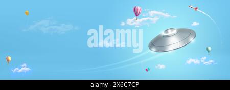 UFO e mongolfiere su un cielo blu Foto Stock