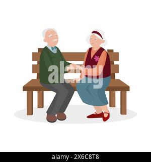 Vecchio e donna seduti su una panchina di legno nel parco, coppia anziana che tiene per mano un'illustrazione vettoriale Illustrazione Vettoriale