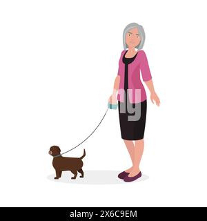 Donna anziana con un sorriso felice che cammina con un piccolo cane marrone al guinzaglio illustrazione vettoriale Illustrazione Vettoriale