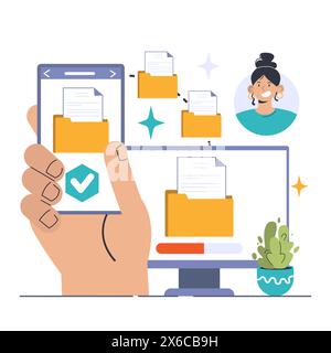 Concetto di condivisione file. Mano che tiene in mano un telefono con documenti trasferiti, il ritratto della donna significa collaborazione, distribuzione dei dati e sincronizzazione sui dispositivi. Il lavoro di squadra digitale diventa semplice Illustrazione Vettoriale