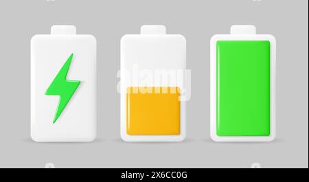 Indicatori di carica della batteria in stile 3D. Icone lucide della batteria con livelli di carica. Illustrazione vettoriale Illustrazione Vettoriale