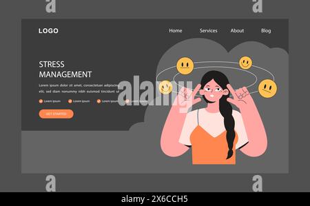 Banner Web burnout professionale o landing page in modalità buia o notturna. Giovane dipendente con capacità di gestione dello stress. Donna che ha a che fare con lo stress sul lavoro o con la pressione sul lavoro. Illustrazione vettoriale piatta Illustrazione Vettoriale