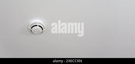 Rilevatore di fumo con dispositivo antincendio montato a soffitto bianco Foto Stock