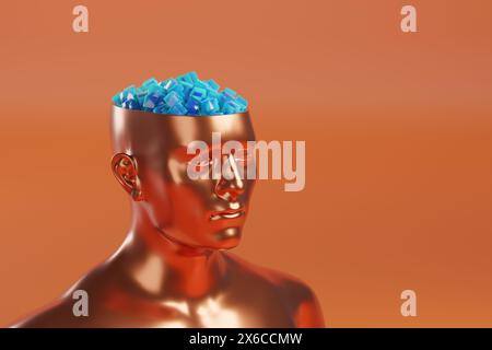 Busto di bronzo di un uomo con la testa aperta con spazio di copia. illustrazione 3d. Foto Stock