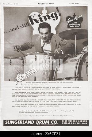 Un annuncio a pagina intera per Slingerland Drums da una rivista Down Beat del 1947 con la leggenda della batteria jazz, Gene Krupa. Foto Stock