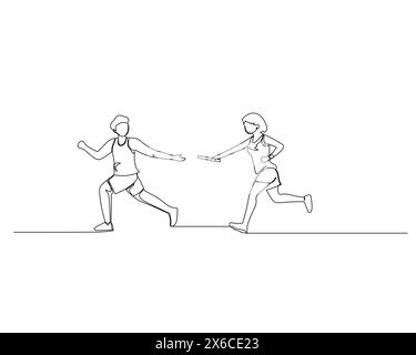 Disegno continuo su una linea di uomini che prenderanno il testimone da donne runner in una gara a staffetta. Concetto di allenamento sportivo salutare. Illustrazione Vettoriale