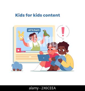 Un blog di famiglia coinvolgente. I bambini esplorano i contenuti educativi online realizzati da altri bambini. I fratelli condividono momenti di scoperta e divertimento. Ambiente di apprendimento digitale sicuro. Illustrazione vettoriale Illustrazione Vettoriale