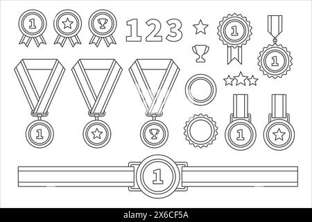 Set di icone di contorno della medaglia e del nastro. Le medaglie sono disponibili in diverse dimensioni e forme, e sono tutte di fila. Illustrazione Vettoriale