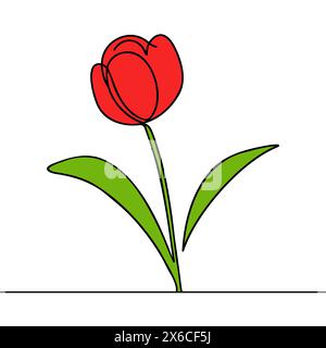Tulipano disegno di una linea. Linea continua di fiori astratti. Disegno a mano di un fiore con foglie Illustrazione Vettoriale