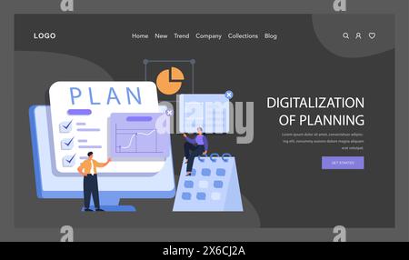 Esperienza nella pianificazione digitale illustrata con professionisti tra schermi digitali, grafico a torta dinamico e elenco di controllo dettagliato. Trasformare i metodi tradizionali. Vettore piatto. Illustrazione Vettoriale