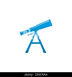 Telescopio con logo vettoriale con la lettera "a". Icona silhouette del telescopio. Logo Telescope. Simbolo di esplorazione spaziale e avventura. Concetto di mondo expl Illustrazione Vettoriale