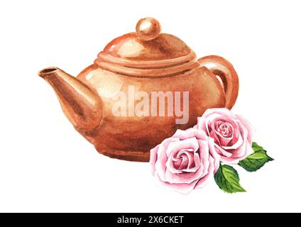 Teiera di terracotta e fiore di rosa. Illustrazione ad acquerello disegnata a mano isolata su sfondo bianco Foto Stock