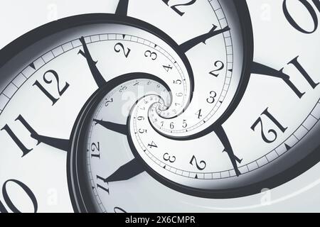 Infinito e altri concetti correlati al tempo. Orologio bianco ritorto a spirale, con motivo frattale Foto Stock