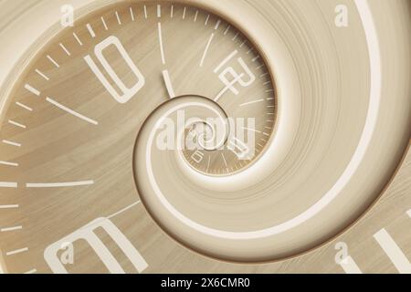 Infinito e altri concetti correlati al tempo. Orologio in legno ritorto a spirale, con motivo frattale Foto Stock