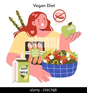 Dieta vegana. Una persona allegra che sceglie frutta e alternative vegetali, con simboli di prevenzione della carne. Scelte di stile di vita sano. Illustrazione vettoriale. Illustrazione Vettoriale