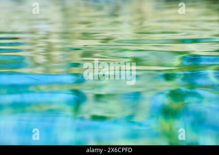 Riflessi dell'acqua serena in verde e blu, prospettiva a livello degli occhi Foto Stock