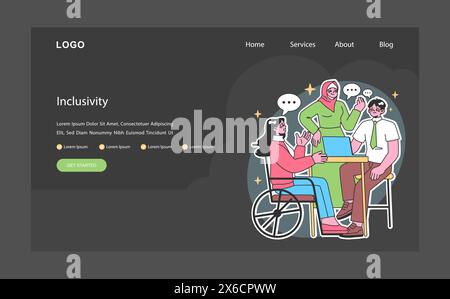 Potenziamento della modalità dark o notturna Web, atterraggio. Collaborazione di gruppo diversificata, inclusività sul luogo di lavoro. Donna in sedia a rotelle, collega in hijab, e un uomo si impegnano nel dialogo. Illustrazione vettoriale piatta. Illustrazione Vettoriale