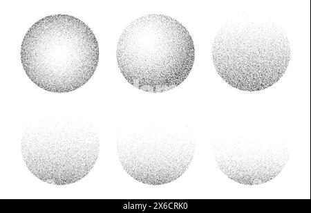 Granulosità rotonda. sfere tratteggiate astratte vettoriali 3d o sfere con diversi gradi di granulosità, dai cerchi completi alla metà con effetto sabbia, ai punti di rigidità e agli elementi grunge in nero Illustrazione Vettoriale