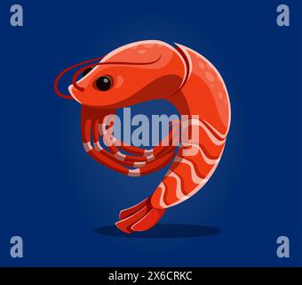 Animali sottomarini di tipo font o sottomarino, gamberetti numero 9, personaggio divertente del vettore dei cartoni animati. Numero nove 9 di caratteri dell'alfabeto oceanico o numerali e caratteri di animali marini a forma di gamberetti Illustrazione Vettoriale