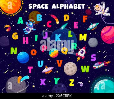 Alfabeto spaziale dei bambini con razzi, UFO, astronauta dei bambini e alieni. Cifre e numeri ABC inglesi, caratteri di carattere, lettere vettoriali e cifre con caratteri divertenti, pianeti spaziali e del sistema solare Illustrazione Vettoriale