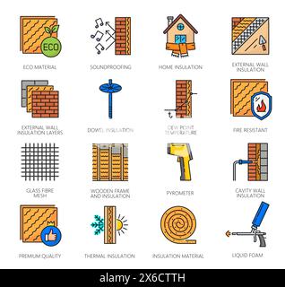 Icone di isolamento termico per pareti, lana minerale e strumenti per la costruzione e la costruzione di abitazioni, vettoriale di linee. Isolamento delle pareti domestiche, protezione da calore e basse temperature e strati di materiale insonorizzante Illustrazione Vettoriale