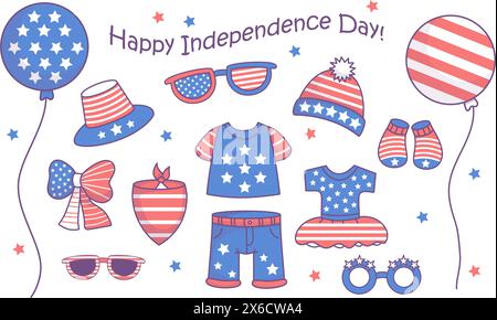 Set vacanze Independence Day. Vestiti per cani patriottici, accessori, decorazioni per feste, palloncini, abbigliamento, calze, cappello, arco nella bandiera americana col Illustrazione Vettoriale