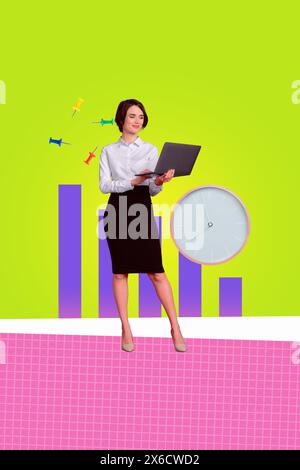 Collage fotografico verticale di Hold Business Woman Hold macbook grafico per lo sviluppo della carriera perno scadenza isolato su sfondo dipinto Foto Stock