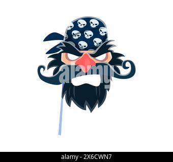 Mascherina per carnevale e stand fotografico dei pirati. Un vettore di cartoni animati isolato, un corsaro arrabbiato con barba nera, una bandana con motivi teschi e un naso rosso giocoso. Mascherare elementi divertenti nelle decorazioni dello stand fotograficoV Illustrazione Vettoriale