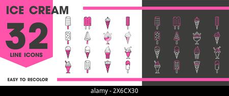 Icone della linea gelato, set vettoriale isolato. Segni lineari di coni di wafer iceream, sessole, panini e papaveri. Varietà di dolci dolci dessert estivi, simboli minimalisti del tratto in rosa, nero e bianco Illustrazione Vettoriale