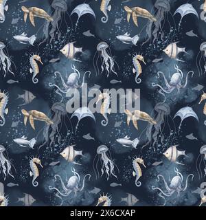 Undersea senza cuciture modello con animali subacquei e pesci su sfondo nero scuro blu. Illustrazione ad acquerello disegnata a mano con tartaruga, cavalluccio marino e polpo per carta da imballaggio o disegno tessile. Foto Stock