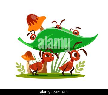Le formiche dei cartoni animati portano i loro figli. Graziosi insetti vettoriali che trasportano larve seduti su foglie verdi. Simpatici personaggi fiabeschi o personaggi di libri, colonie di formiche o famiglie lavorano insieme, si prendono cura della loro prole Illustrazione Vettoriale