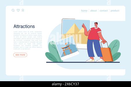 Banner web turistico o landing page. Persone che viaggiano in tutto il mondo per vedere attrazioni e patrimonio culturale. Il viaggiatore che prenota un hotel e fa il pieno di bagagli. Stile di vita attivo. Illustrazione vettoriale piatta Illustrazione Vettoriale