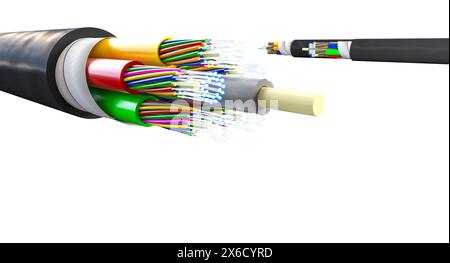 cavo in fibra ottica a sezione trasversale conduttori visibili sfondo bianco isolato Foto Stock