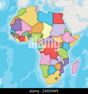 Immagine vettoriale vuota della mappa politica dell'Africa con colori diversi per ciascun paese. Livelli modificabili ed etichettati in modo chiaro. Illustrazione Vettoriale