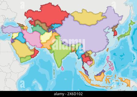 Illustrazione vettoriale della mappa dell'Asia politica vuota con colori diversi per ciascun paese. Livelli modificabili ed etichettati in modo chiaro. Illustrazione Vettoriale