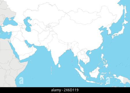 Illustrazione vettoriale della mappa dell'Asia politica vuota con i paesi di colore bianco. Livelli modificabili ed etichettati in modo chiaro. Illustrazione Vettoriale