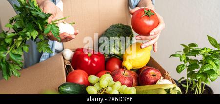 Persona che disimballa la scatola con frutta e verdura biologiche coltivate in azienda. Fornire prodotti agricoli sani. Foto Stock