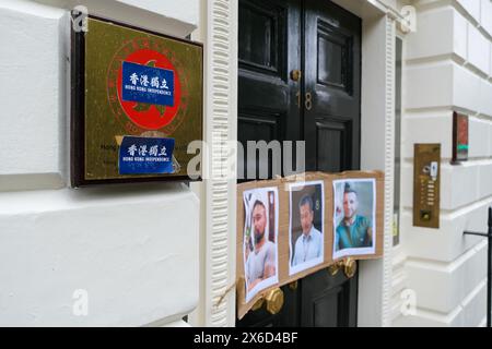 Londra, Regno Unito, 14 maggio 2024. Hongkongers organizzò una protesta di emergenza fuori dall'Hong Kong Economic & Trade Office (HKETO) dopo che tre uomini furono accusati di assistere il servizio di intelligence straniero dell'ex colonia britannica nel Regno Unito. I manifestanti hanno chiesto al governo britannico di fare di più, mentre gli attivisti dicono di affrontare la repressione transnazionale e le intimidazioni provenienti dalla Cina. Credito: Fotografia dell'undicesima ora/Alamy Live News Foto Stock