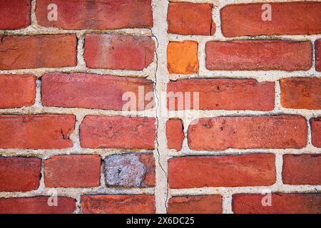 Primo piano su muratura in mattoni rossi con texture, prospettiva a livello di occhi Foto Stock