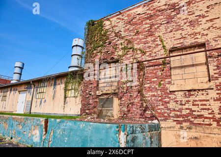 Degrado urbano e recupero dell'edificio industriale da parte della natura, vista a livello dell'occhio Foto Stock