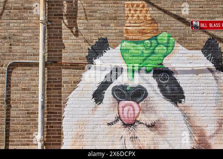 Colorato murale Panda con cappello gelato su mattone, Urban Street Art, Fort Wayne Foto Stock