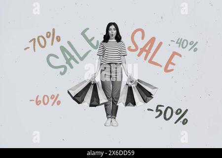 Immagine di schizzo collage composito di shopaholic Young lady style Wow Surprise Hold sacchetto di carta offerta limitata Black friday prezzo percentuale di vendita Foto Stock