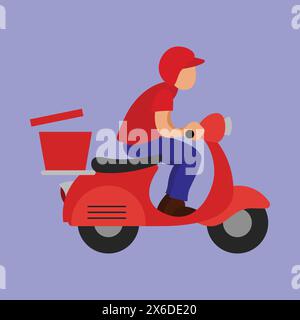 Illustrazione vettoriale del ragazzo della consegna. Icona illustrazione uomo addetto alla consegna sullo scooter. Vettore per il trasporto di alimenti Illustrazione Vettoriale