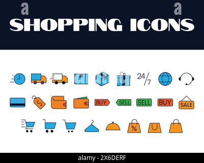 Icone dello shopping Set Vector. Icone delle illustrazioni per lo shopping online. carrello della spesa, vettore carrello della spesa icone ordine online vettore Illustrazione Vettoriale