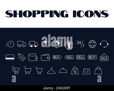 Icone dello shopping Set Vector. Icone delle illustrazioni per lo shopping online. carrello della spesa, vettore carrello della spesa icone ordine online vettore Illustrazione Vettoriale