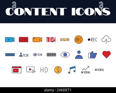Set icone creazione contenuti. Icona Influencer illustrazione vettore. Vettore di contenuti dei social media. Illustrazione Vettoriale