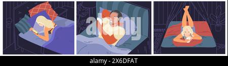 Persone diverse personaggi dei cartoni animati che utilizzano dispositivi a letto di notte Illustrazione Vettoriale